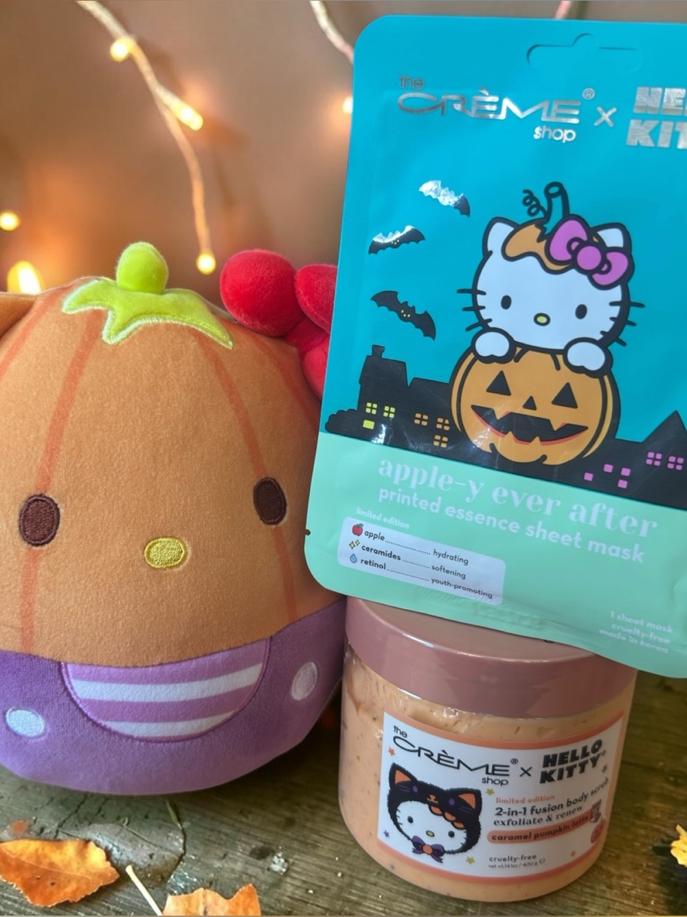 Hello Kitty Pumpkin Squishmallows Plush + Crème Shop Body Scrub Bundle NWT
